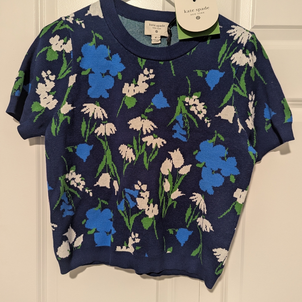 Kate Spade Navy and White Floral Sweater Medium NWT Viscose blend